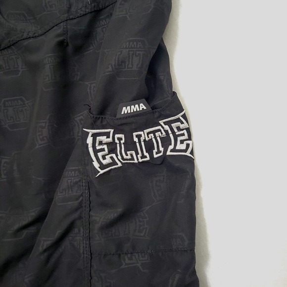 MMA Elite Fight Shorts Mens L Wrestle Board Swim Trunk Black All Over Logo Print - Picture 4 of 9